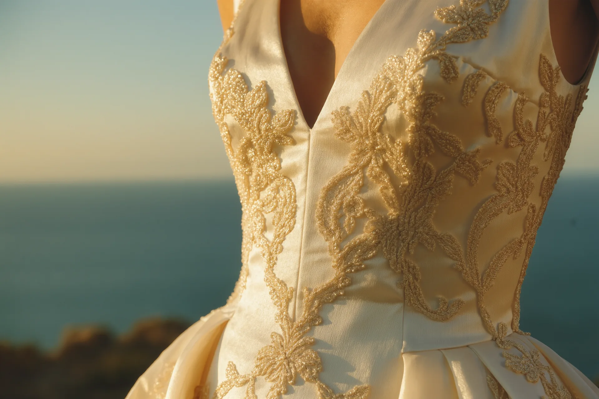 Detalle de un vestido de alta costura con bordado hecho a mano sobre seda color marfil